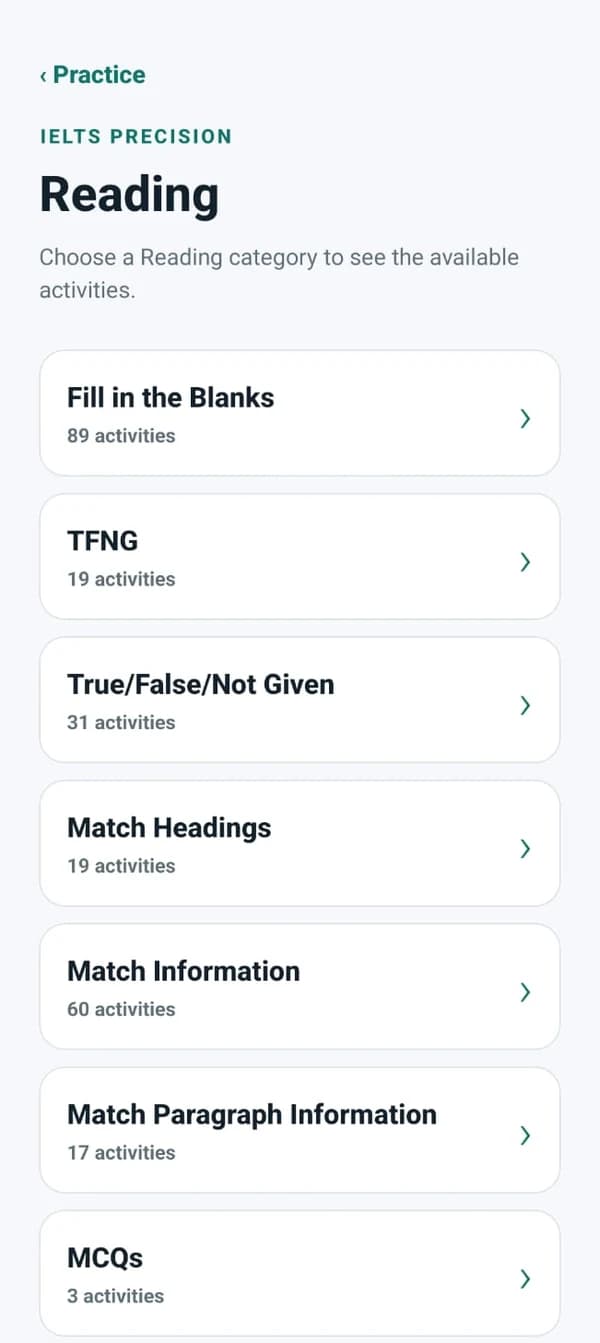 IELTS Precision Android Reading category practice screen