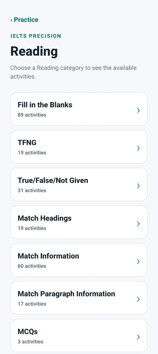 Practise by IELTS question type in the IELTS Precision Android app